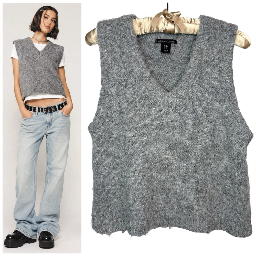 Christian Lacroix Sweater Vest Medium Fuzzy Wool Blend Gray Layering‎ Crop Boxy